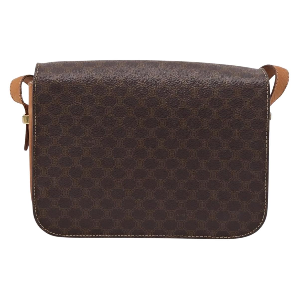 CELINE Macadam Canvas Horse Carriage Bag PVC Leather Brown Gold Auth 208243
