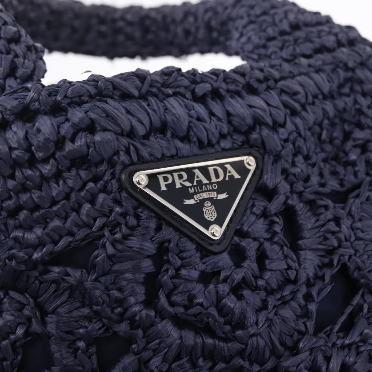 PRADA Hand Bag Raffia 2way Navy Silver Auth 208246