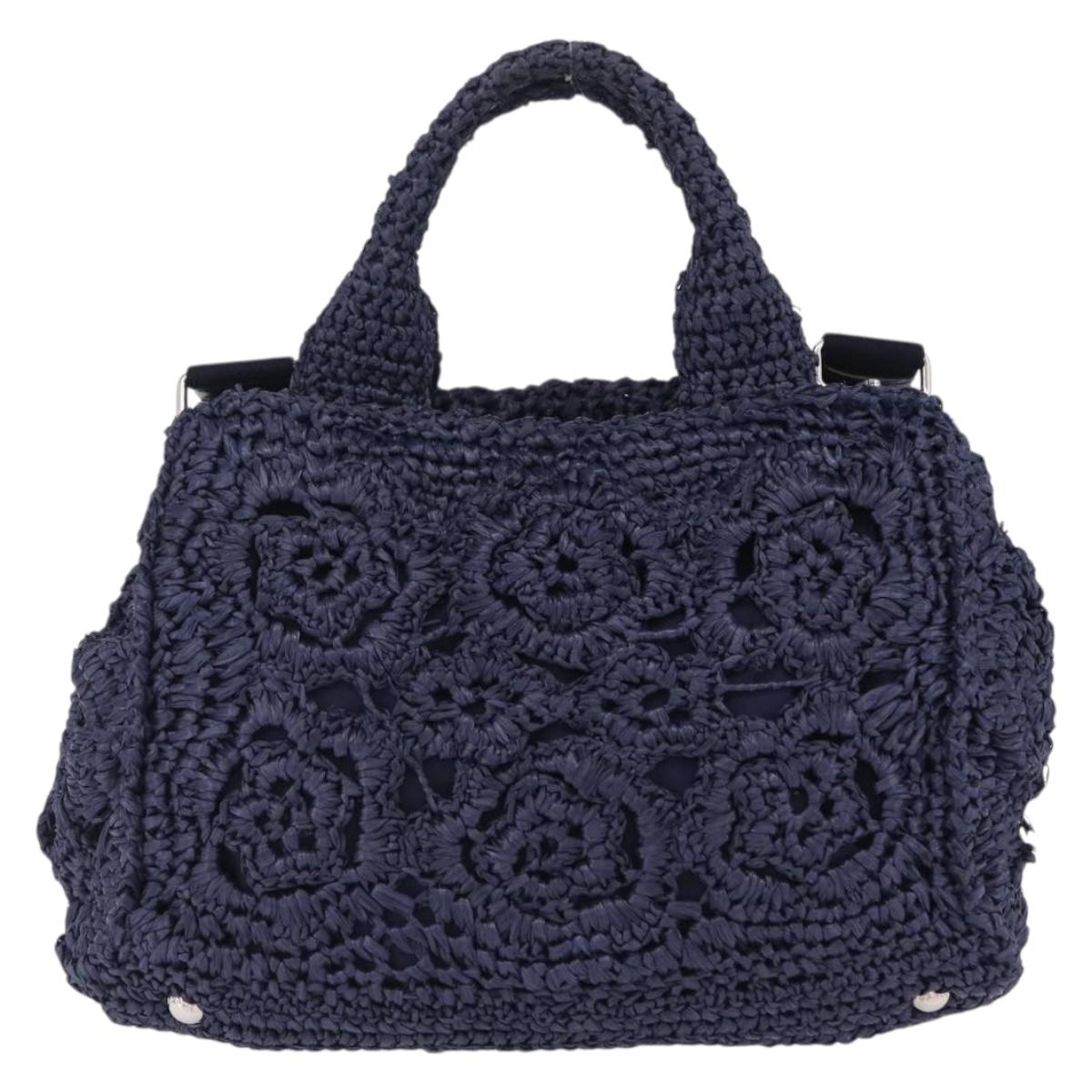PRADA Hand Bag Raffia 2way Navy Silver Auth 208246