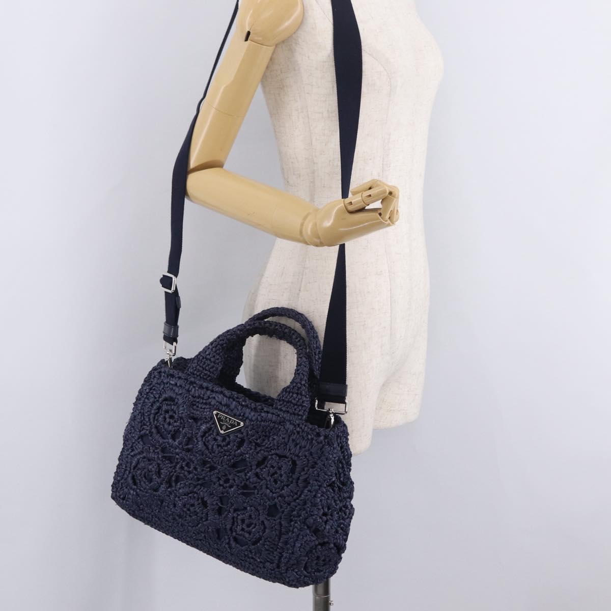PRADA Hand Bag Raffia 2way Navy Silver Auth 208246