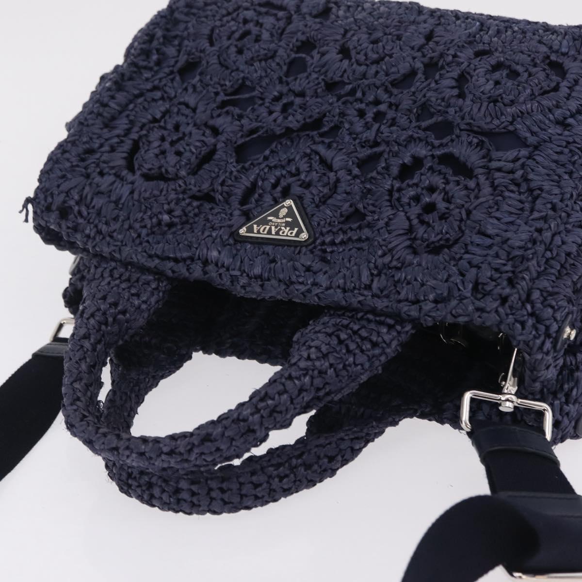 PRADA Hand Bag Raffia 2way Navy Silver Auth 208246