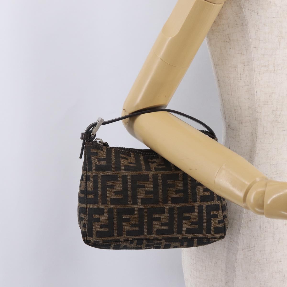 FENDI Zucca Canvas Hand Pouch Black Brown Auth 208269
