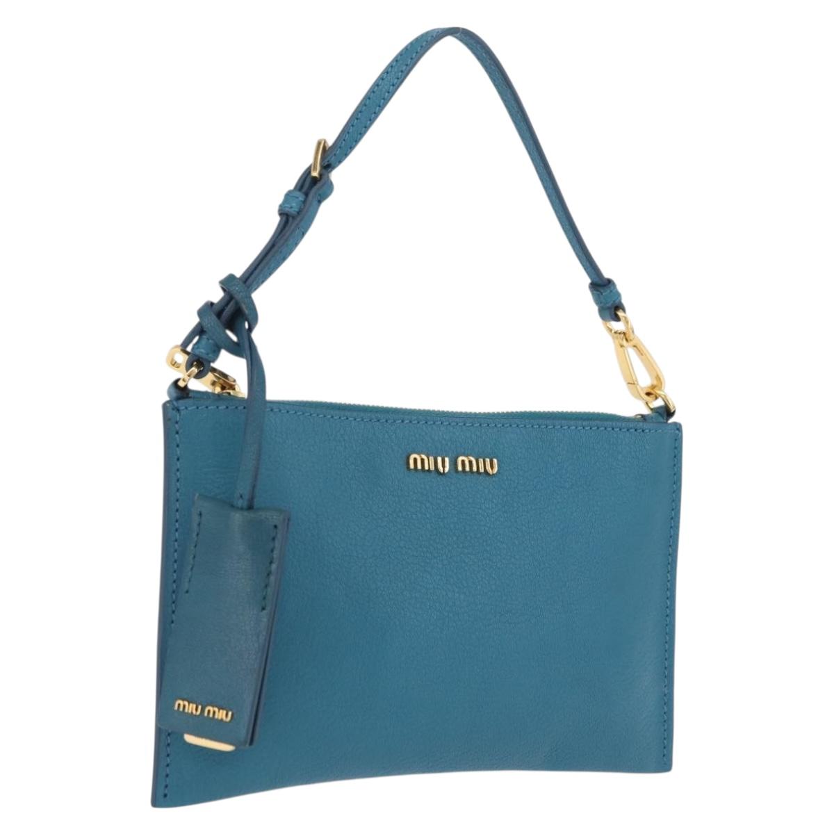 Miu Miu Madras Accessory Pouch Leather Light Blue Gold Auth 208282A