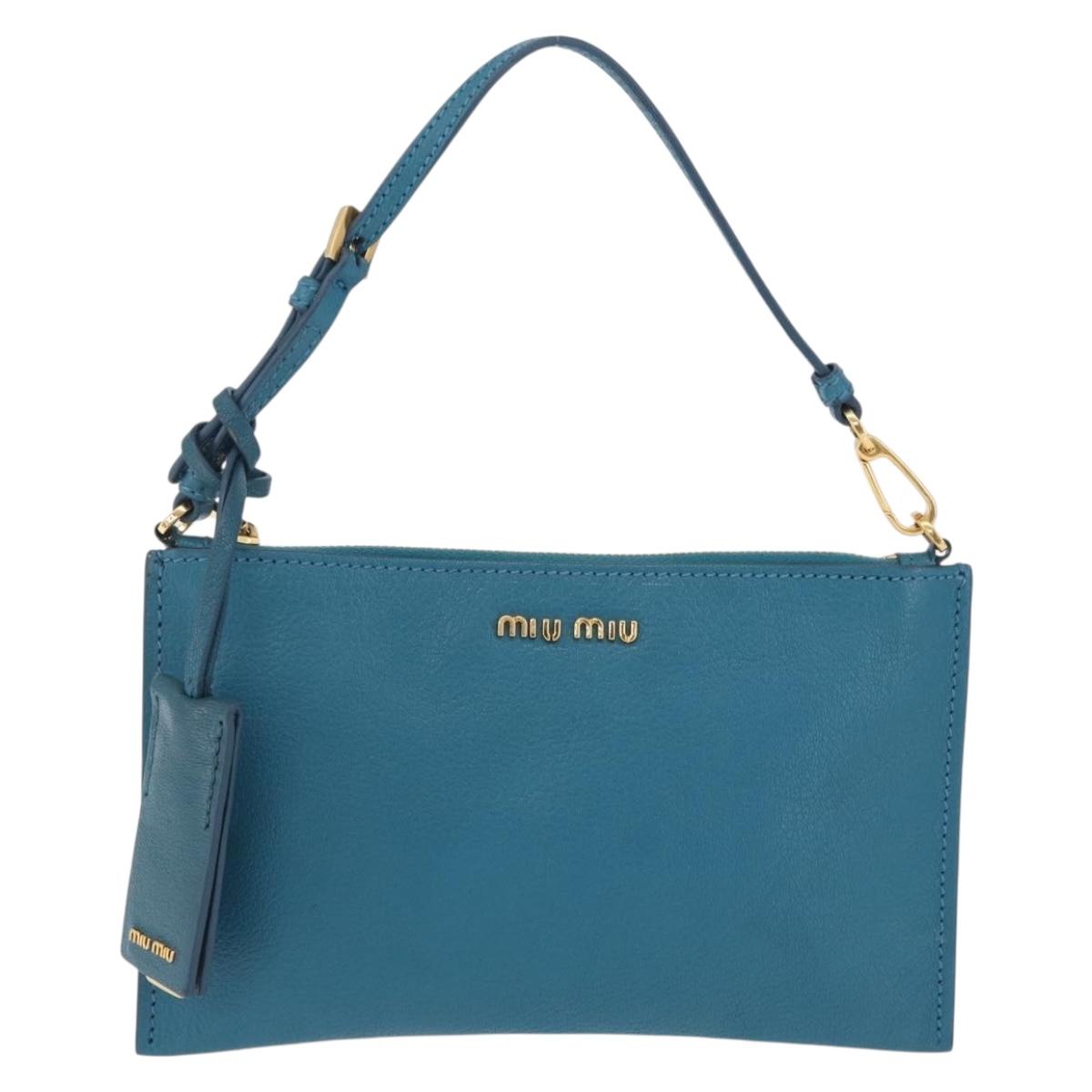 Miu Miu Madras Accessory Pouch Leather Light Blue Gold Auth 208282A