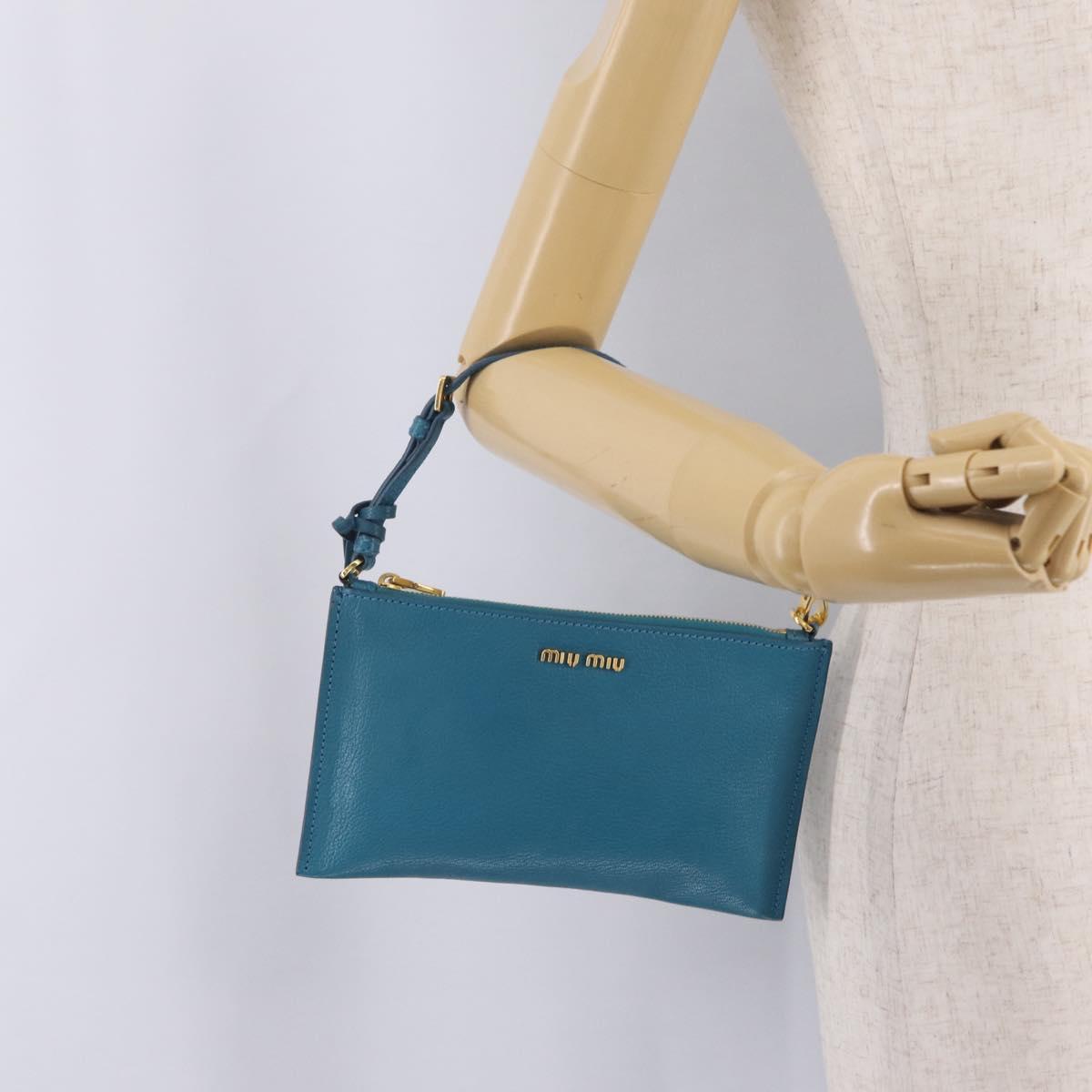 Miu Miu Madras Accessory Pouch Leather Light Blue Gold Auth 208282A