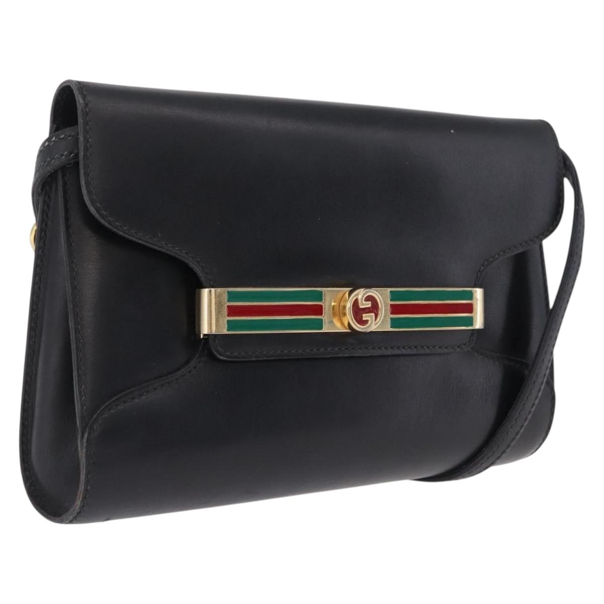 GUCCI Web Sherry Line Shoulder Bag Leather Gold Black Auth 208297