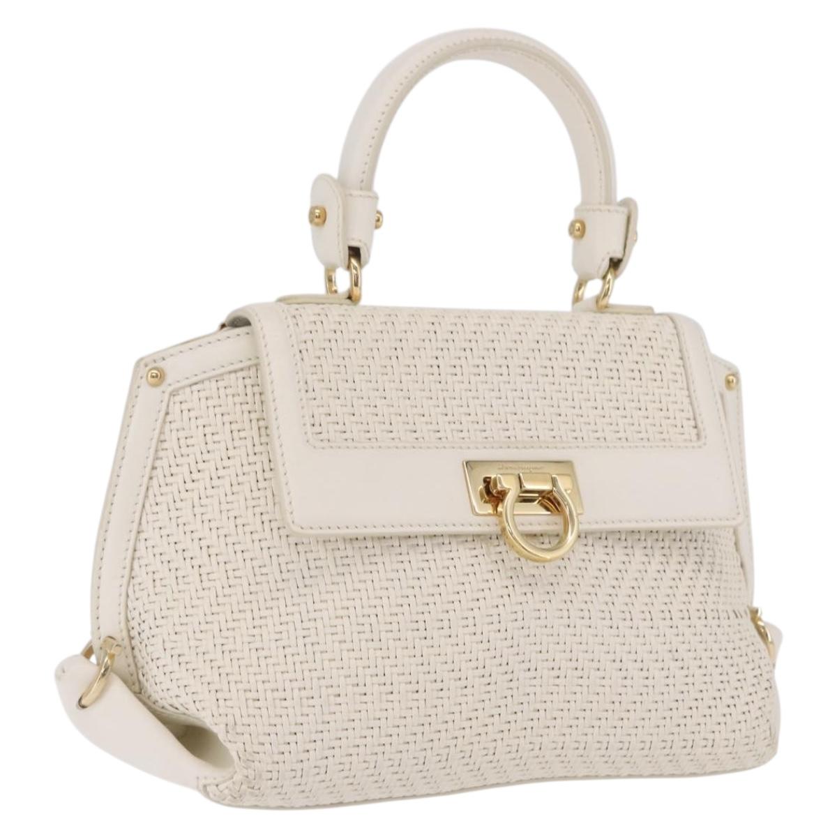 Salvatore Ferragamo Sofia Gancini Hand Bag Leather 2way White Gold Auth 208303