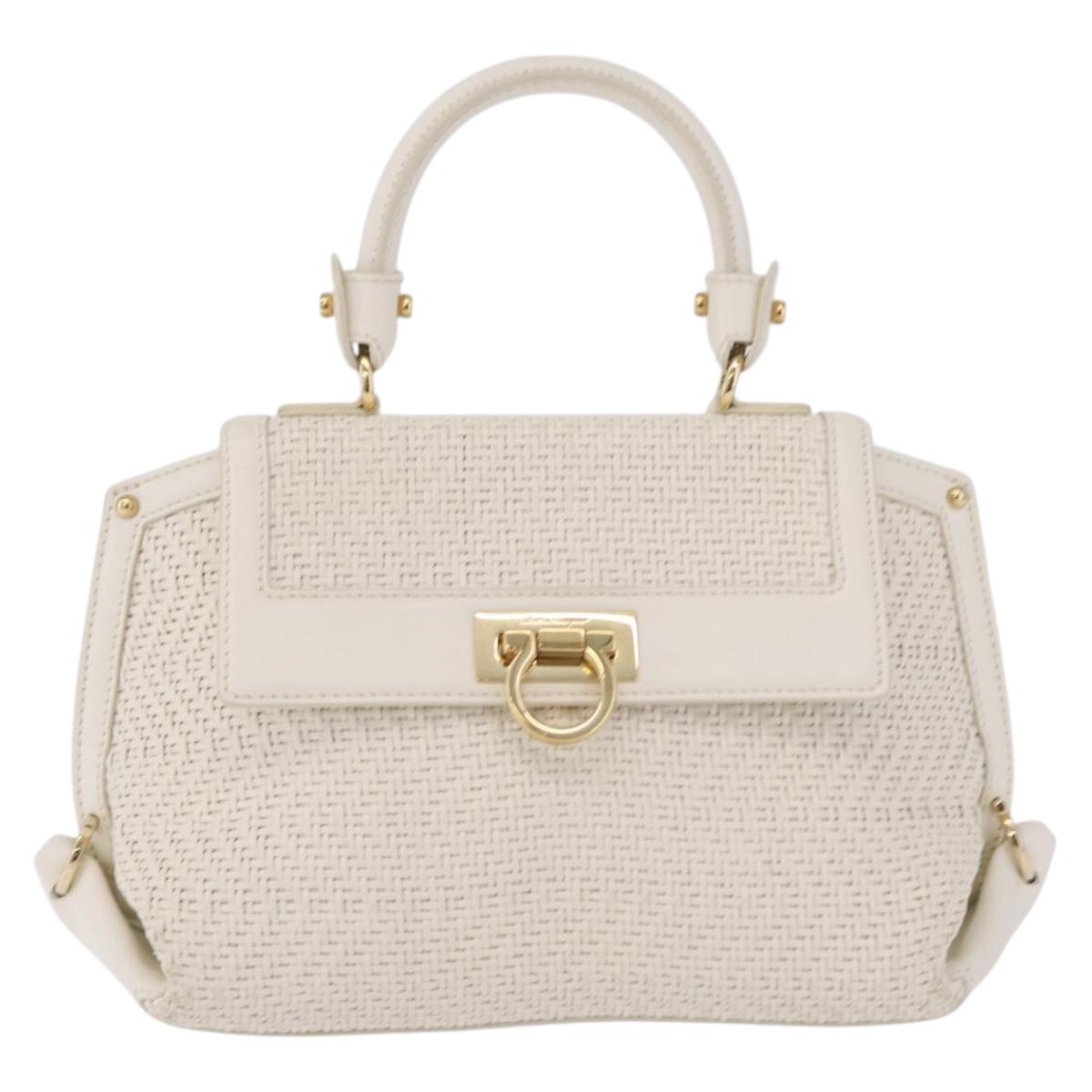 Salvatore Ferragamo Sofia Gancini Hand Bag Leather 2way White Gold Auth 208303