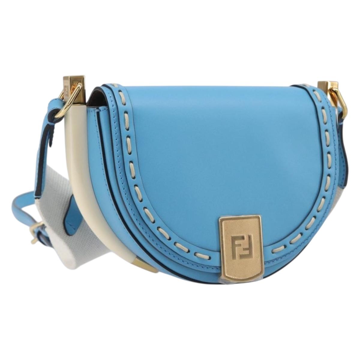 FENDI Moonlight Shoulder Bag Leather Light Blue Gold 8BT346 Auth 208306M