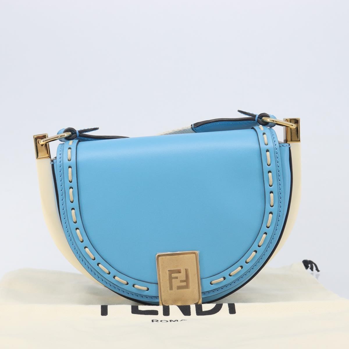FENDI Moonlight Shoulder Bag Leather Light Blue Gold 8BT346 Auth 208306M