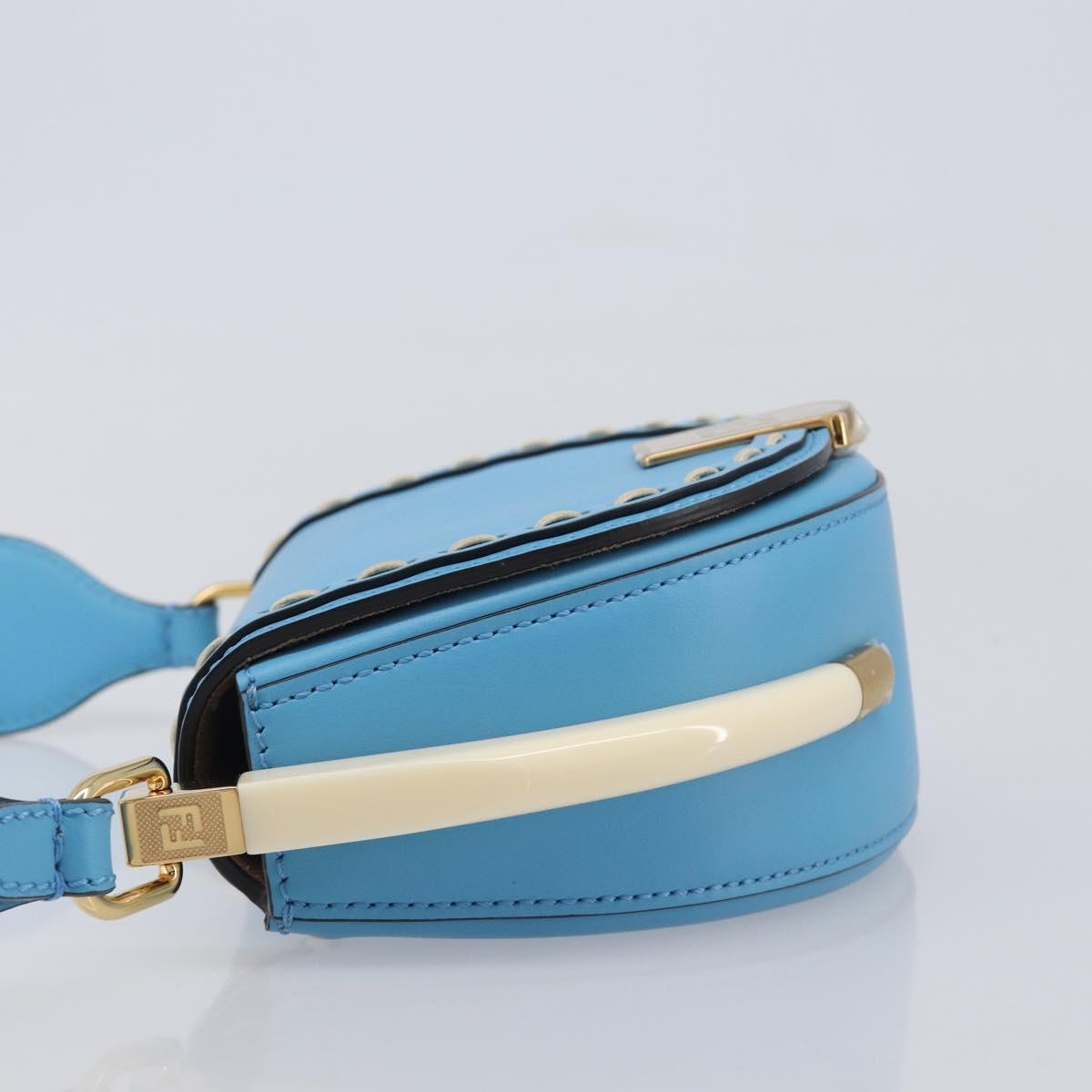 FENDI Moonlight Shoulder Bag Leather Light Blue Gold 8BT346 Auth 208306M