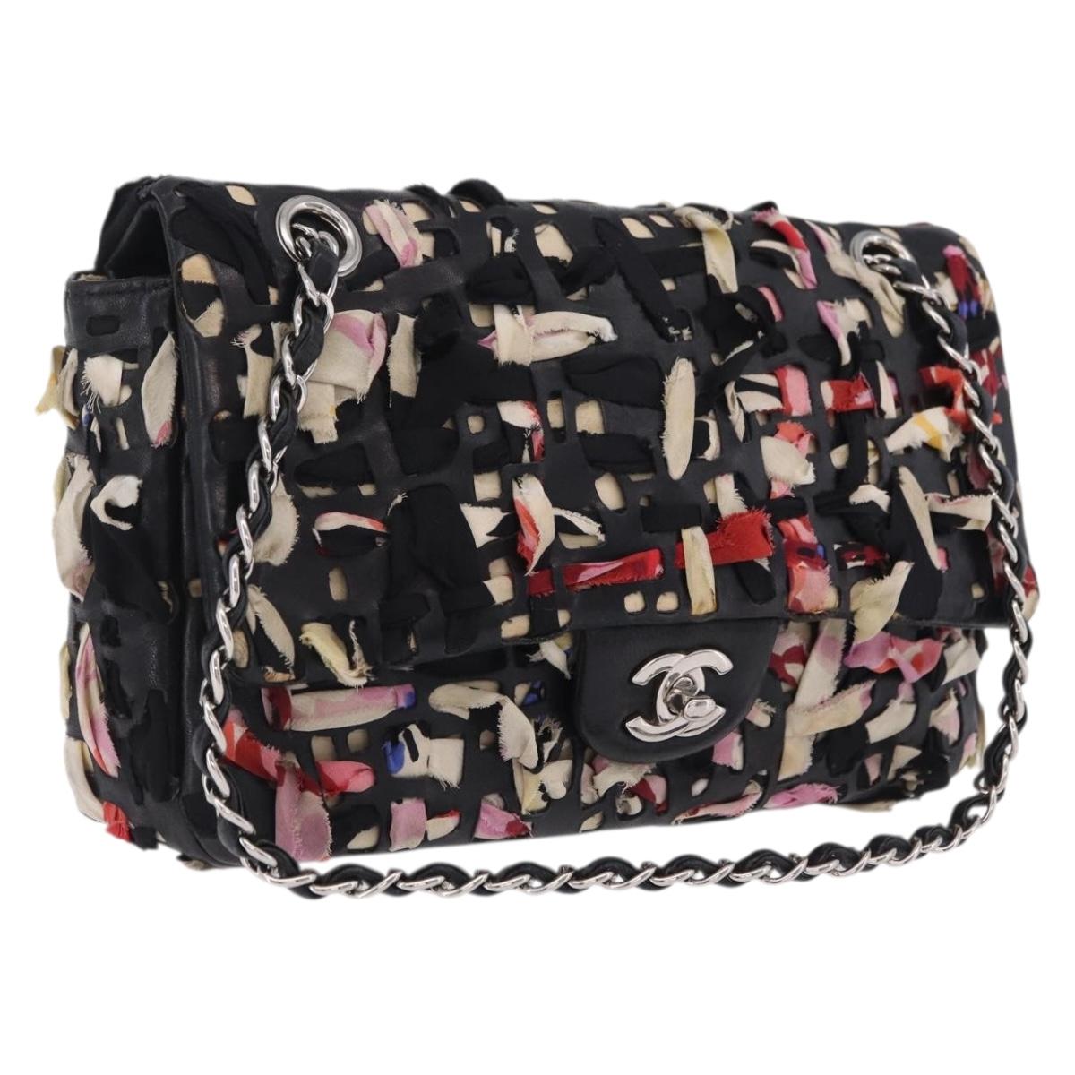 CHANEL Chain Shoulder Bag Lamb Skin Black Silver CC Auth 208312SAM