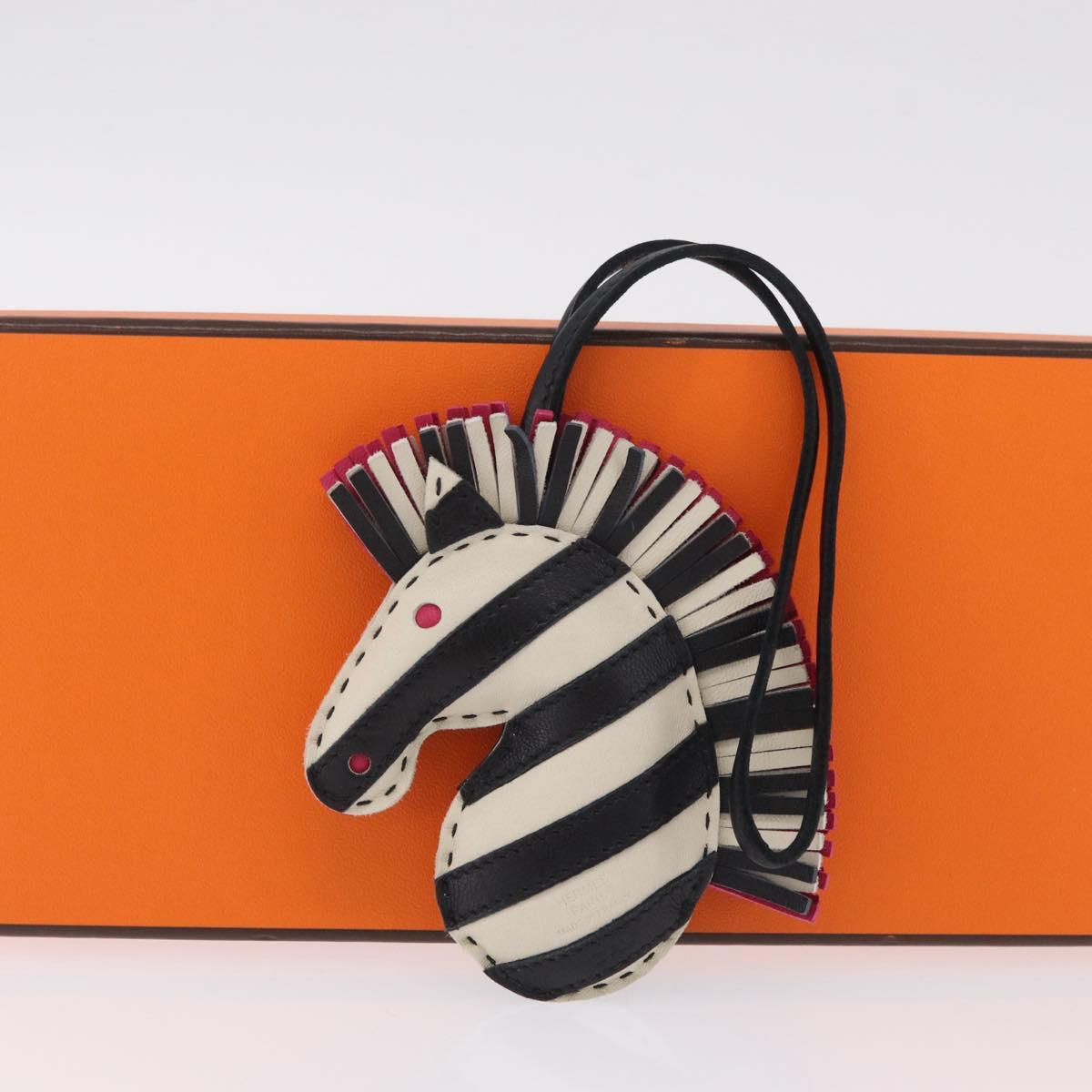 HERMES Geegee Savannah Charm Leather Black White Auth 208337M