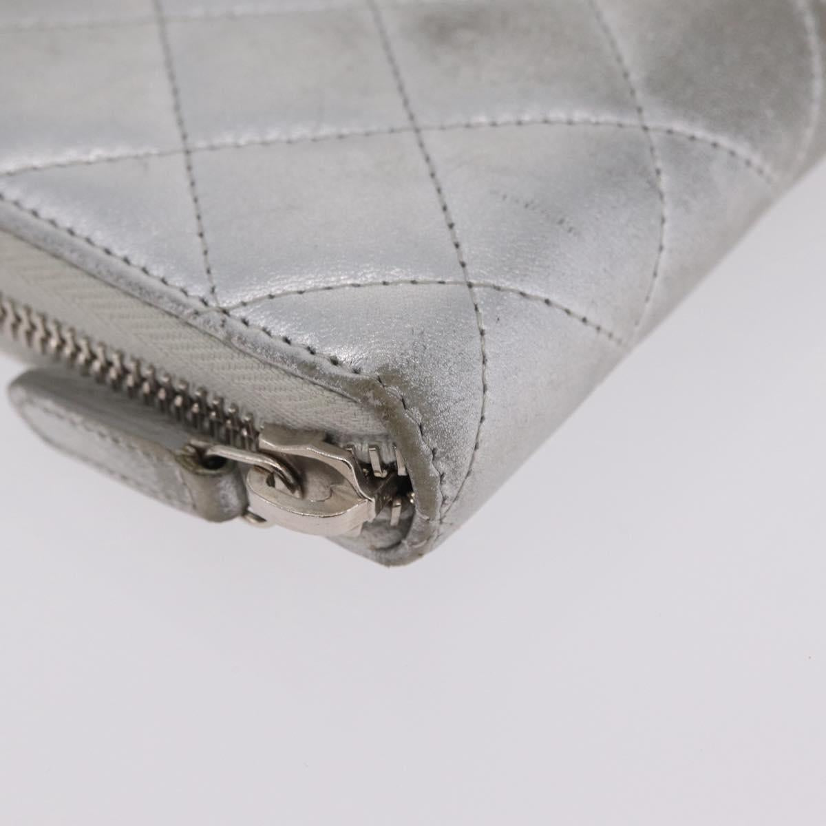 CHANEL Matelasse Long Wallet Lamb Skin Silver CC Auth 208350