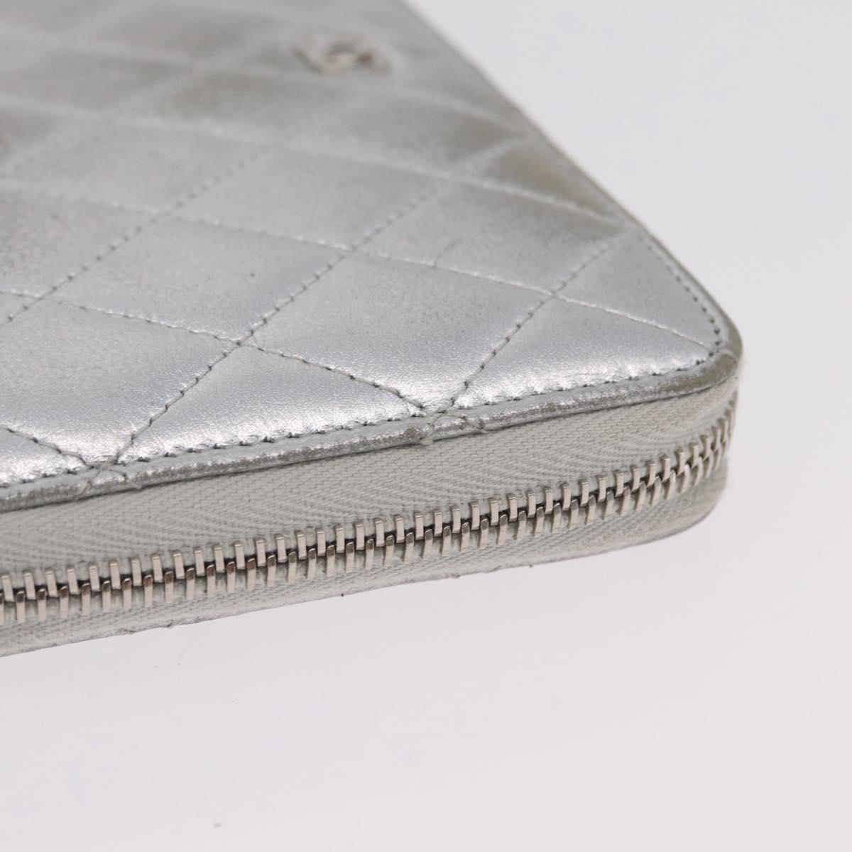 CHANEL Matelasse Long Wallet Lamb Skin Silver CC Auth 208350