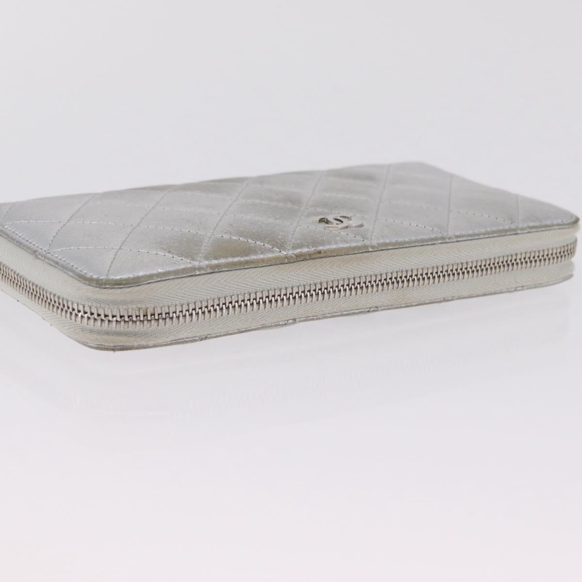 CHANEL Matelasse Long Wallet Lamb Skin Silver CC Auth 208350