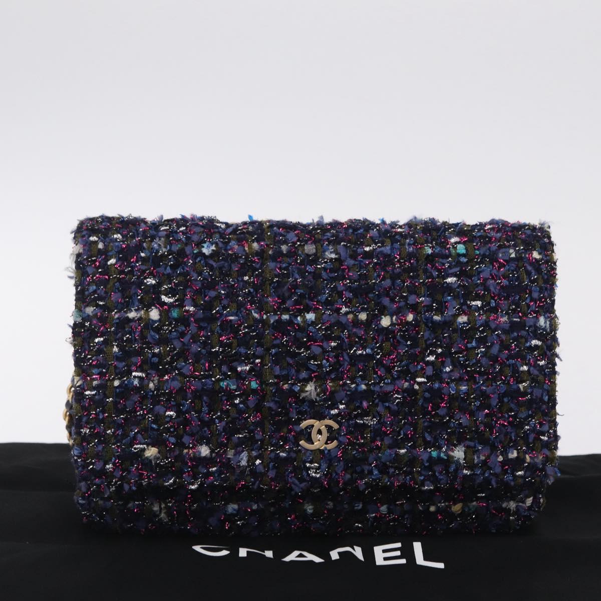 CHANEL Chain wallet Shoulder Bag Tweed Navy Gold CC Auth 208352SAM