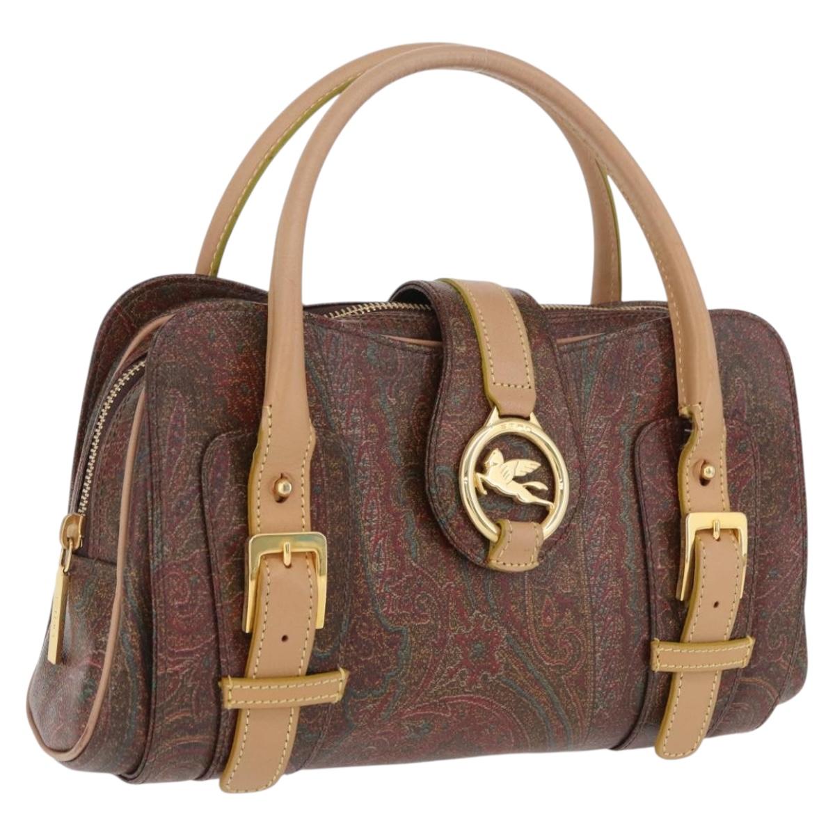 ETRO Hand Bag PVC Canvas Brown Gold Auth 208375V