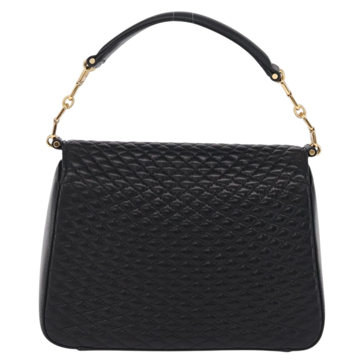 Bally Hand Bag Leather Black Gold Tone Auth 208384V