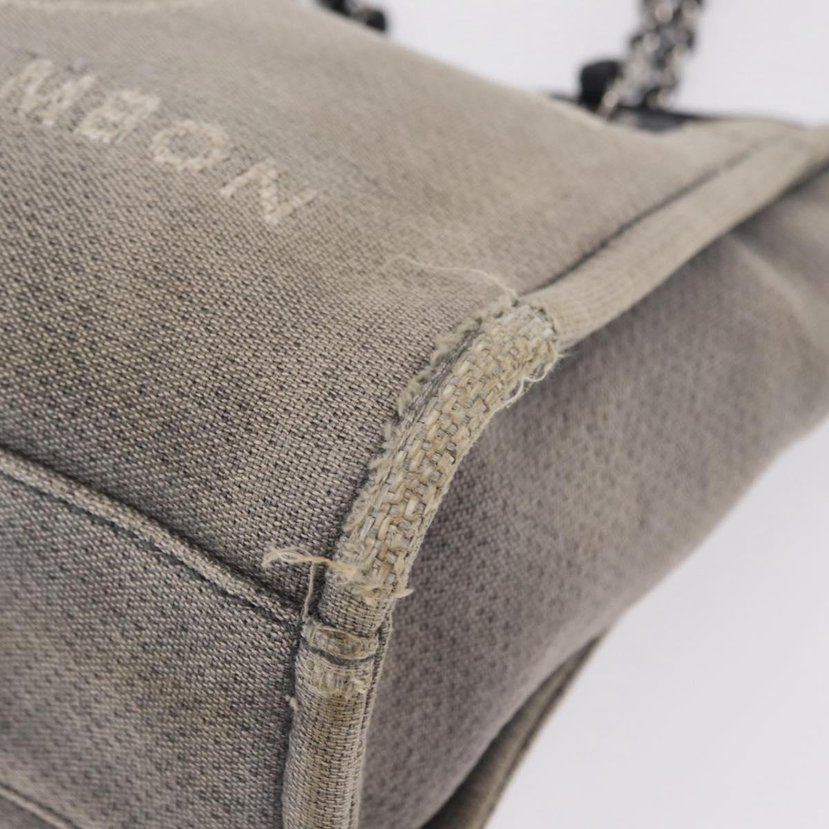 CHANEL Chain Deauville Tote Bag Canvas Gray Silver CC Auth 208386