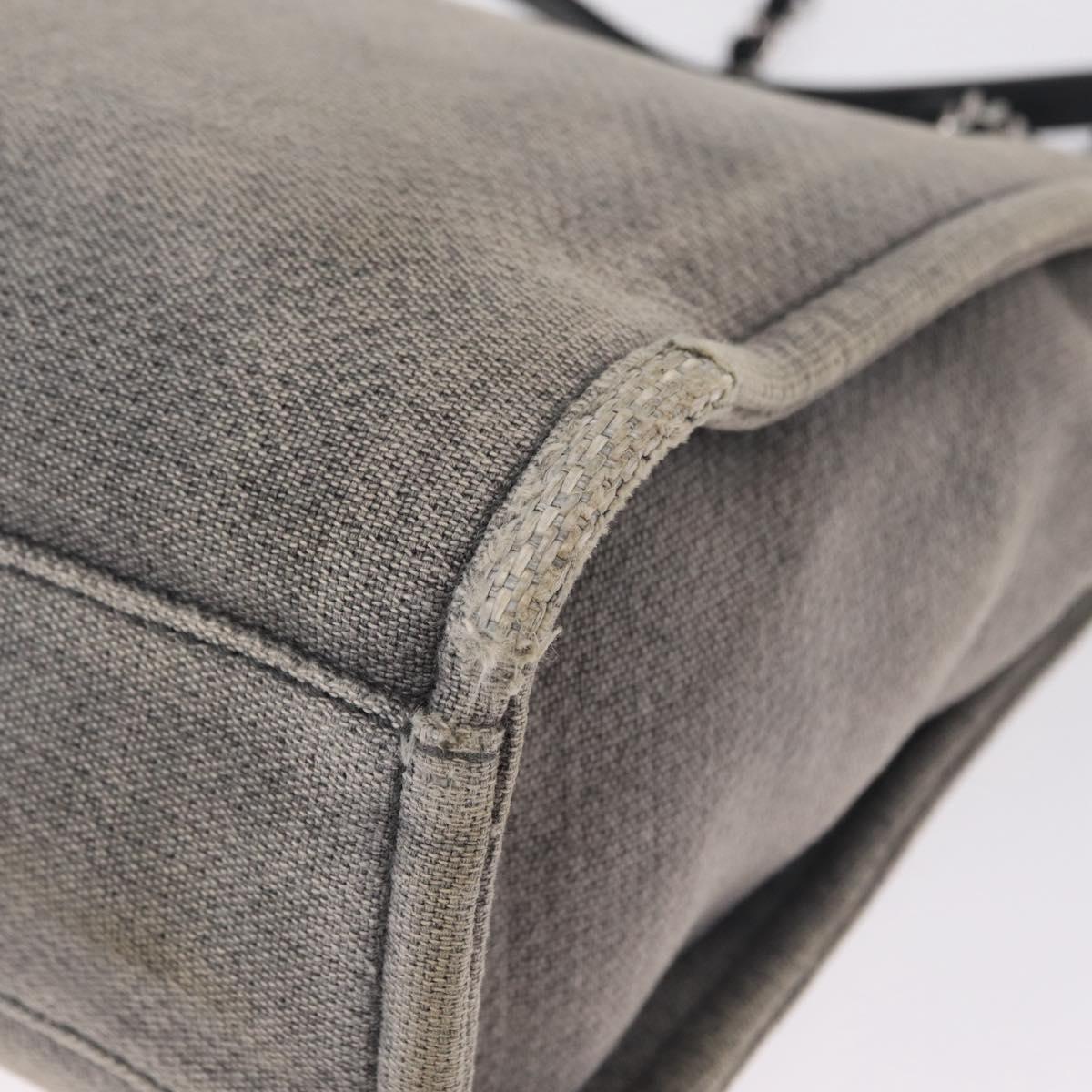 CHANEL Chain Deauville Tote Bag Canvas Gray Silver CC Auth 208386