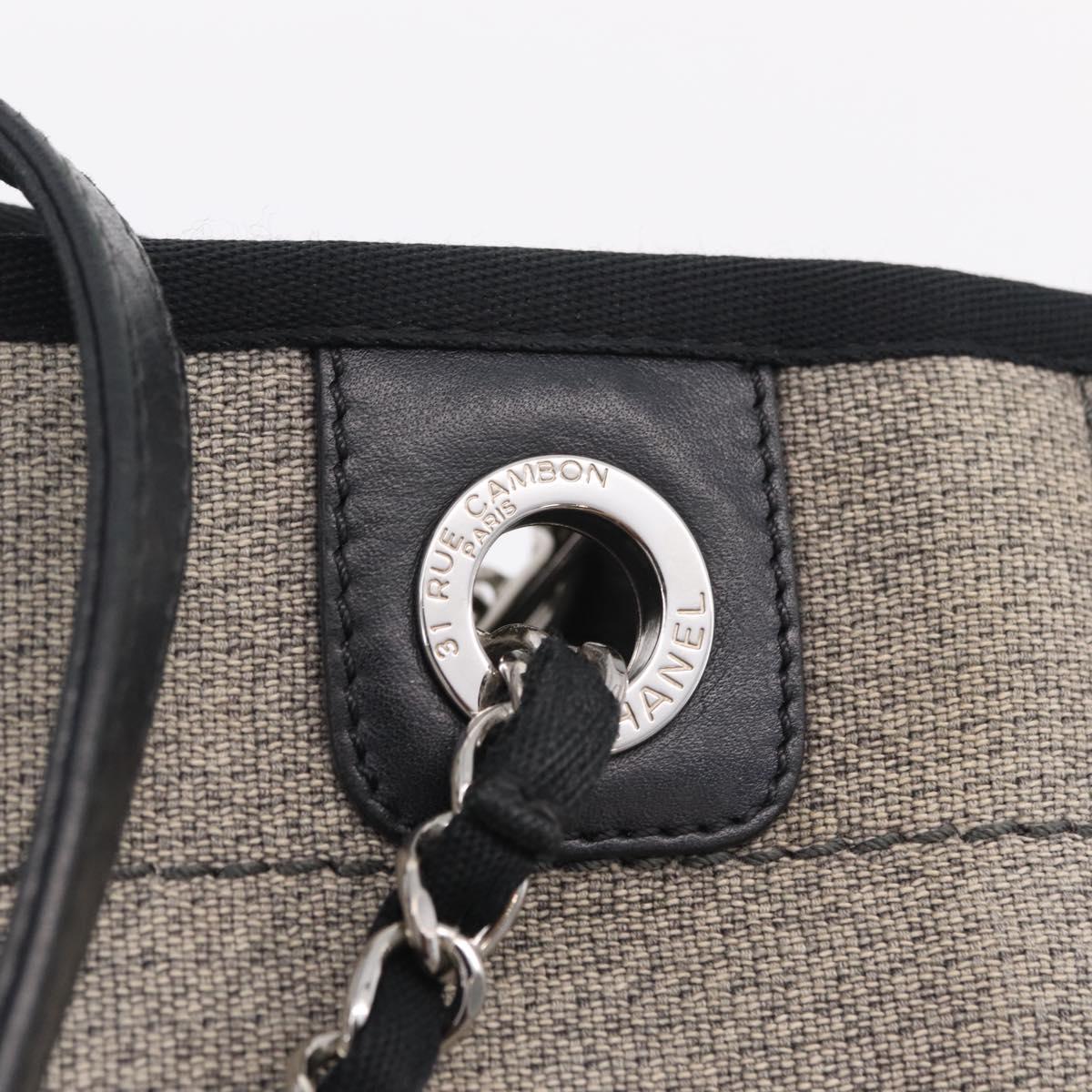 CHANEL Chain Deauville Tote Bag Canvas Gray Silver CC Auth 208386