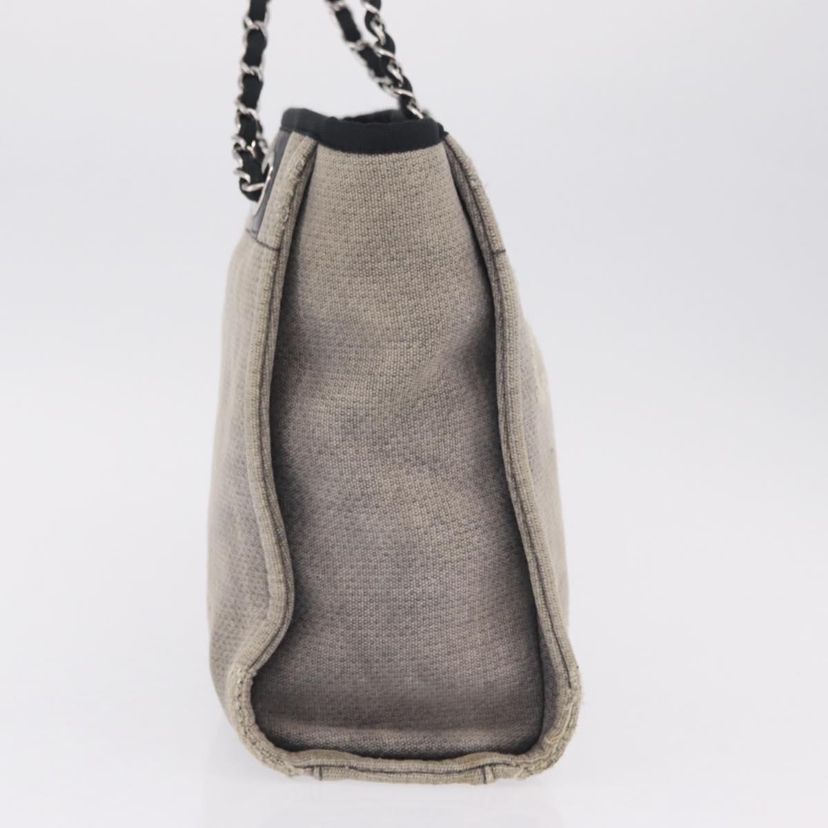 CHANEL Chain Deauville Tote Bag Canvas Gray Silver CC Auth 208386