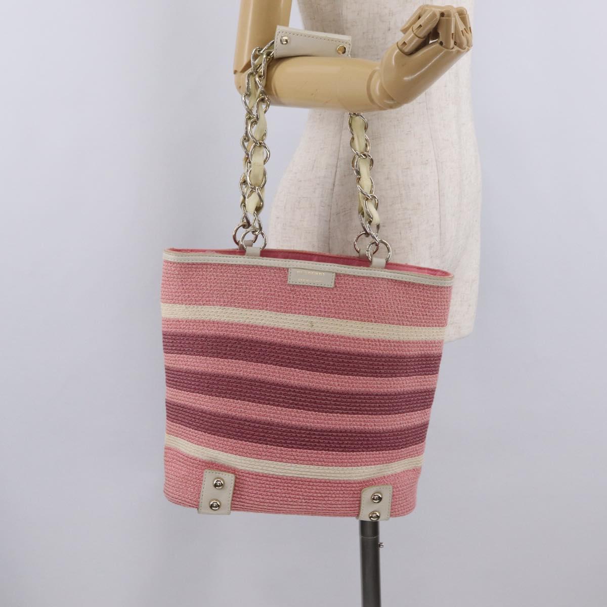 BURBERRY Blue Label Chain Tote Bag Raffia Pink Gold Auth 208388A