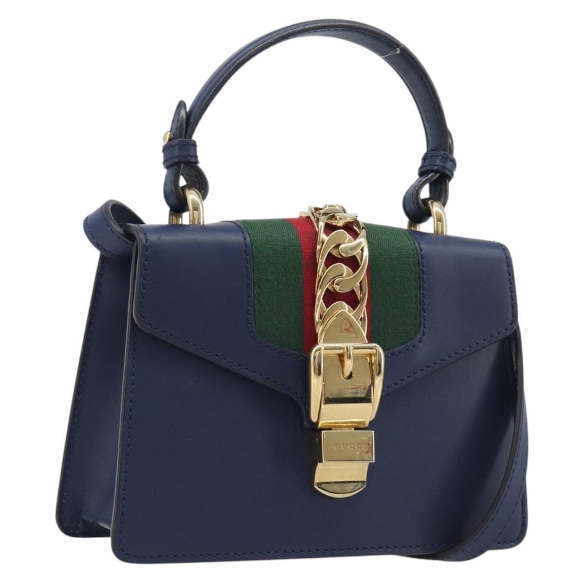 GUCCI Silvi Web Sherry Line Hand Bag Leather 2way Navy Gold 470270 Auth 208399V