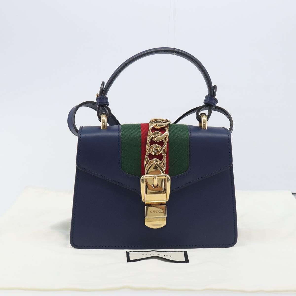 GUCCI Silvi Web Sherry Line Hand Bag Leather 2way Navy Gold 470270 Auth 208399V
