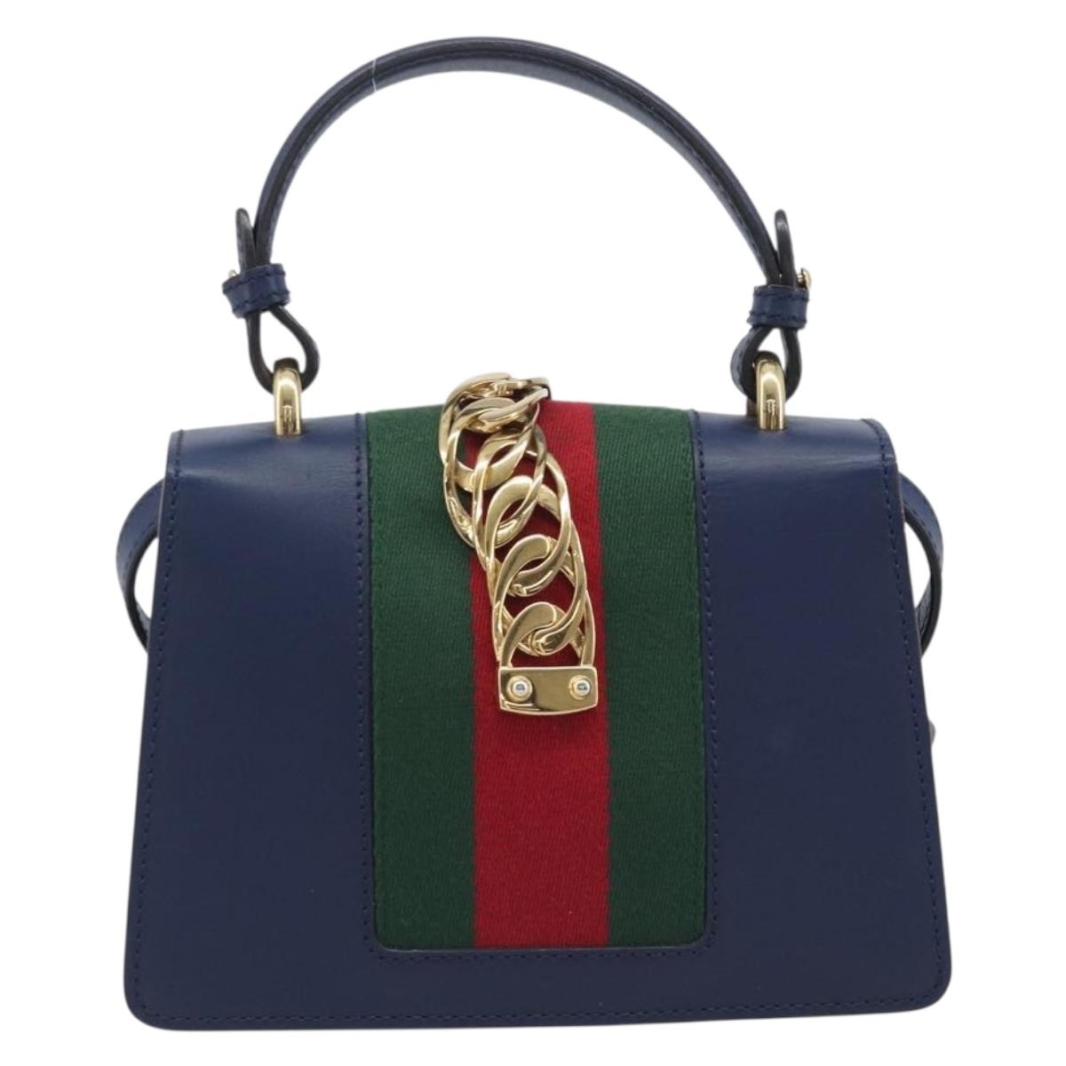 GUCCI Silvi Web Sherry Line Hand Bag Leather 2way Navy Gold 470270 Auth 208399V