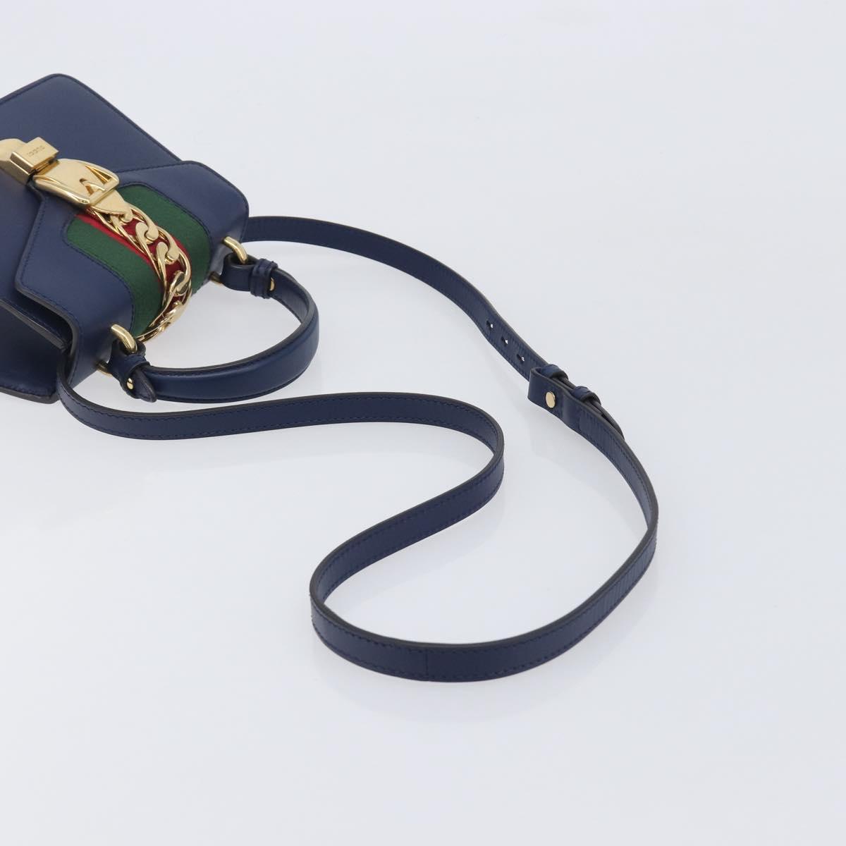 GUCCI Silvi Web Sherry Line Hand Bag Leather 2way Navy Gold 470270 Auth 208399V