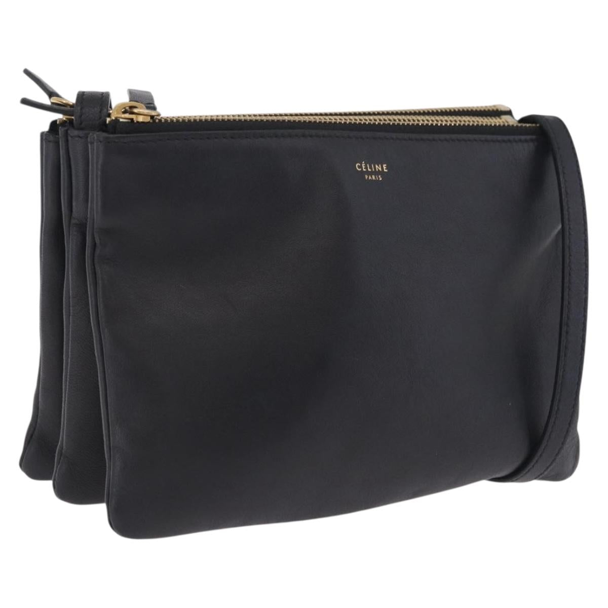 CELINE trio Shoulder Bag Leather Black Gold Auth 208418A