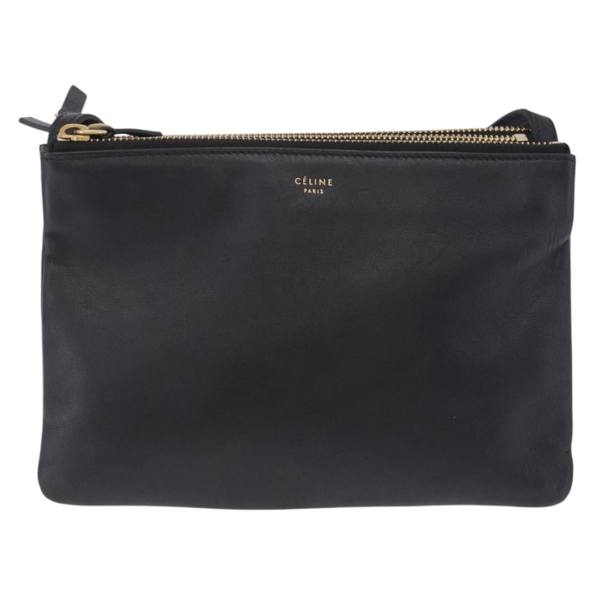 CELINE trio Shoulder Bag Leather Black Gold Auth 208418A
