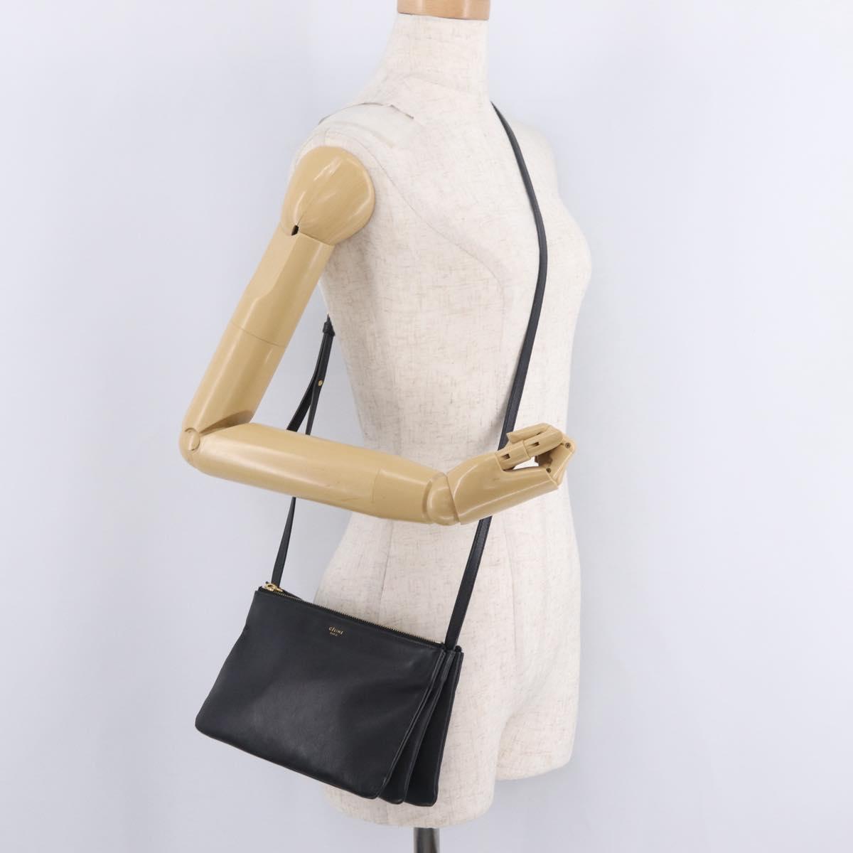 CELINE trio Shoulder Bag Leather Black Gold Auth 208418A