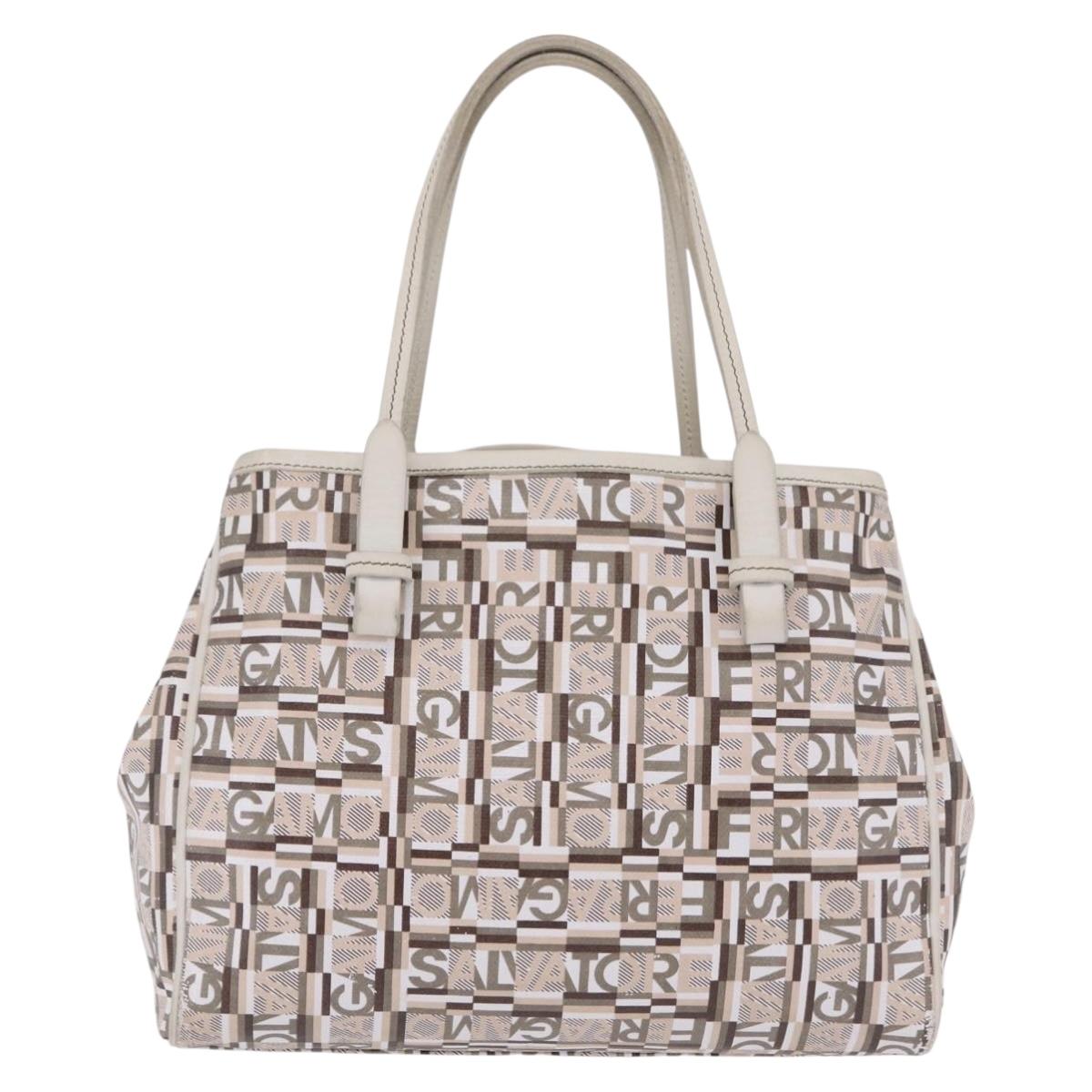 Salvatore Ferragamo Hand Bag PVC Canvas White Silver Auth 208428