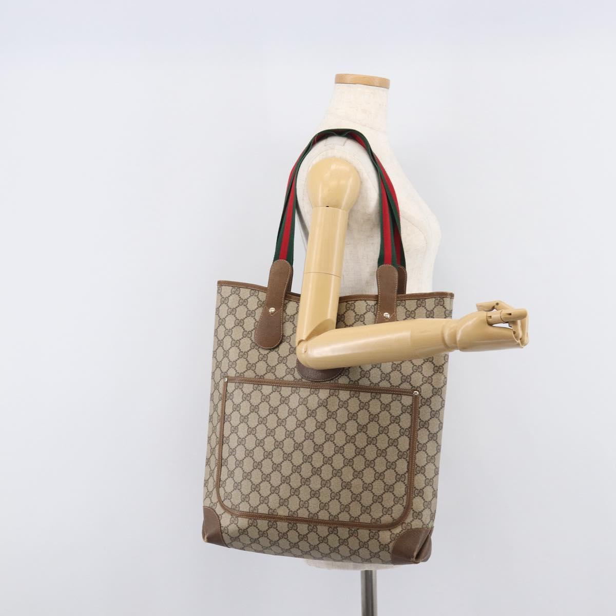 GUCCI GG Supreme Web Sherry Line Tote Bag PVC Beige Red 002 904 0223 Auth 208434