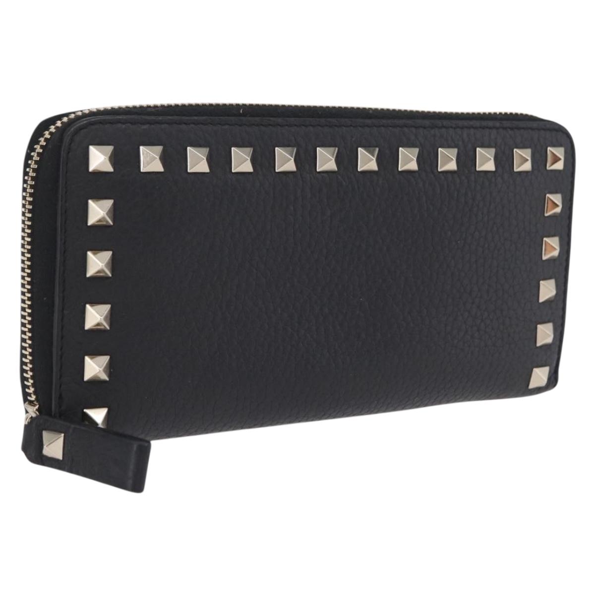 Valentino Rock Studs Long Wallet Leather Black Gold Auth 208442A