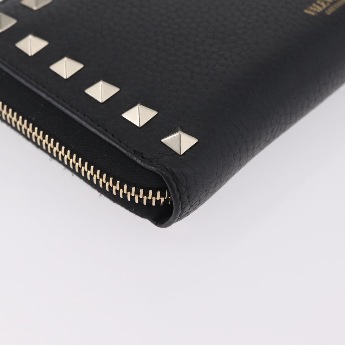 Valentino Rock Studs Long Wallet Leather Black Gold Auth 208442A