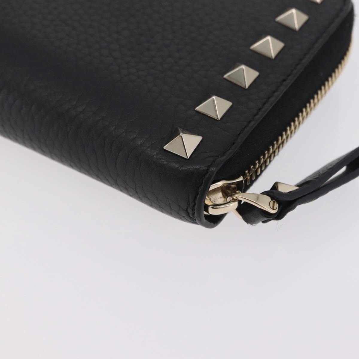 Valentino Rock Studs Long Wallet Leather Black Gold Auth 208442A