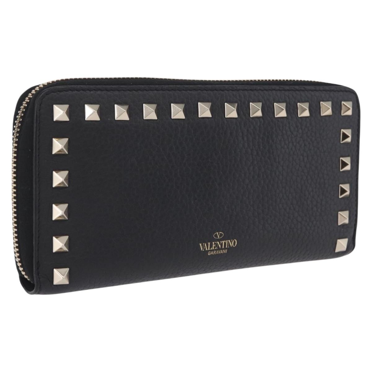 Valentino Rock Studs Long Wallet Leather Black Gold Auth 208442A