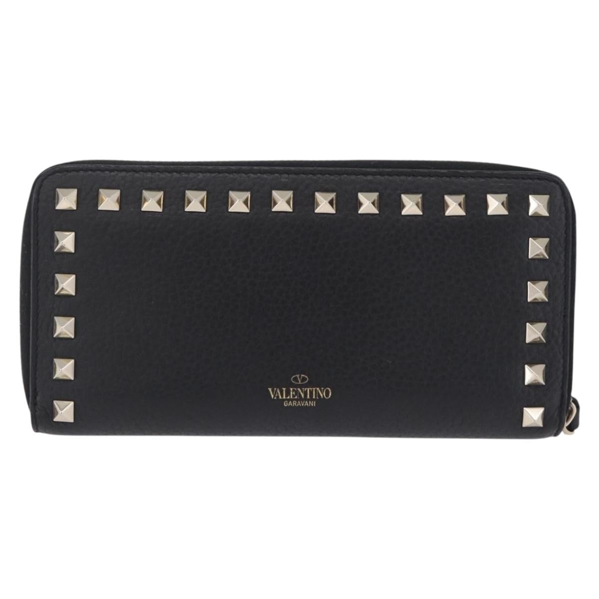 Valentino Rock Studs Long Wallet Leather Black Gold Auth 208442A