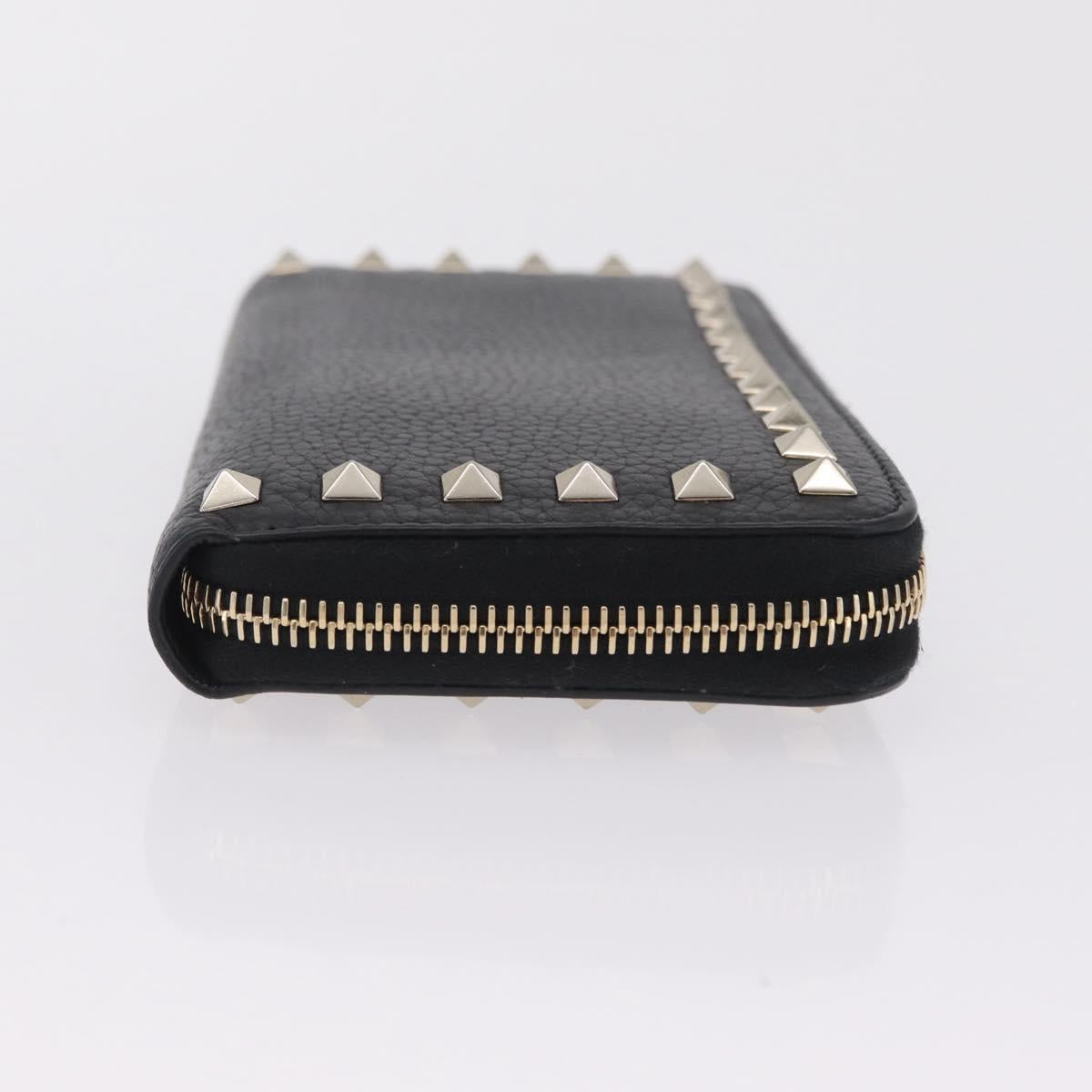 Valentino Rock Studs Long Wallet Leather Black Gold Auth 208442A