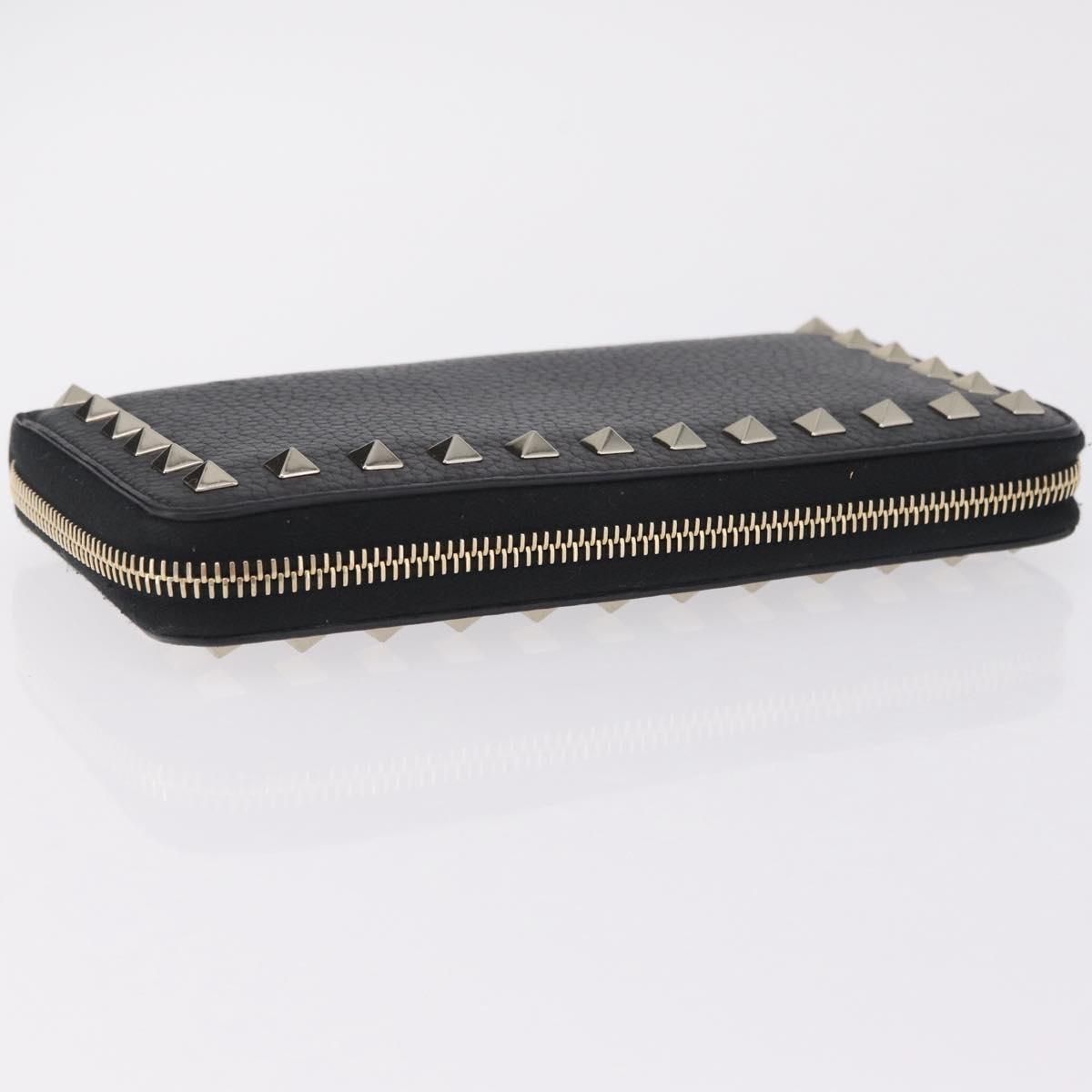 Valentino Rock Studs Long Wallet Leather Black Gold Auth 208442A