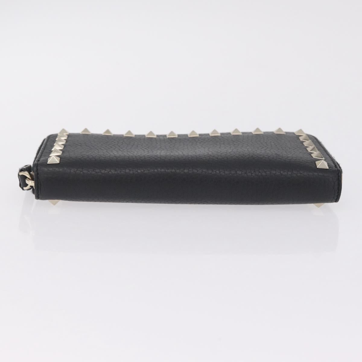Valentino Rock Studs Long Wallet Leather Black Gold Auth 208442A