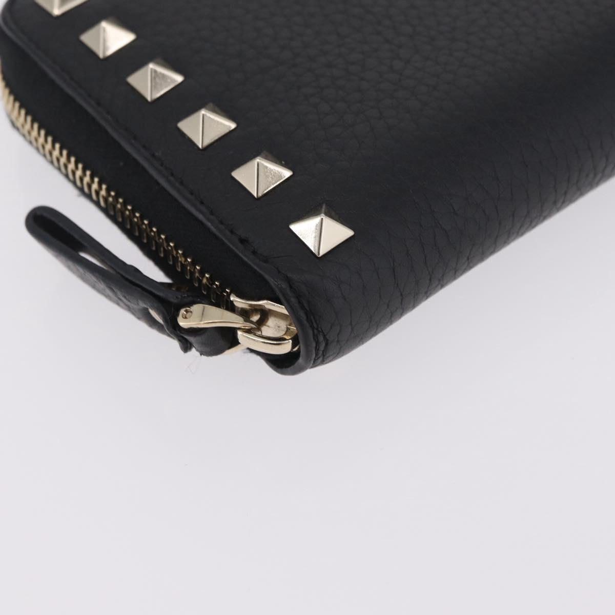 Valentino Rock Studs Long Wallet Leather Black Gold Auth 208442A