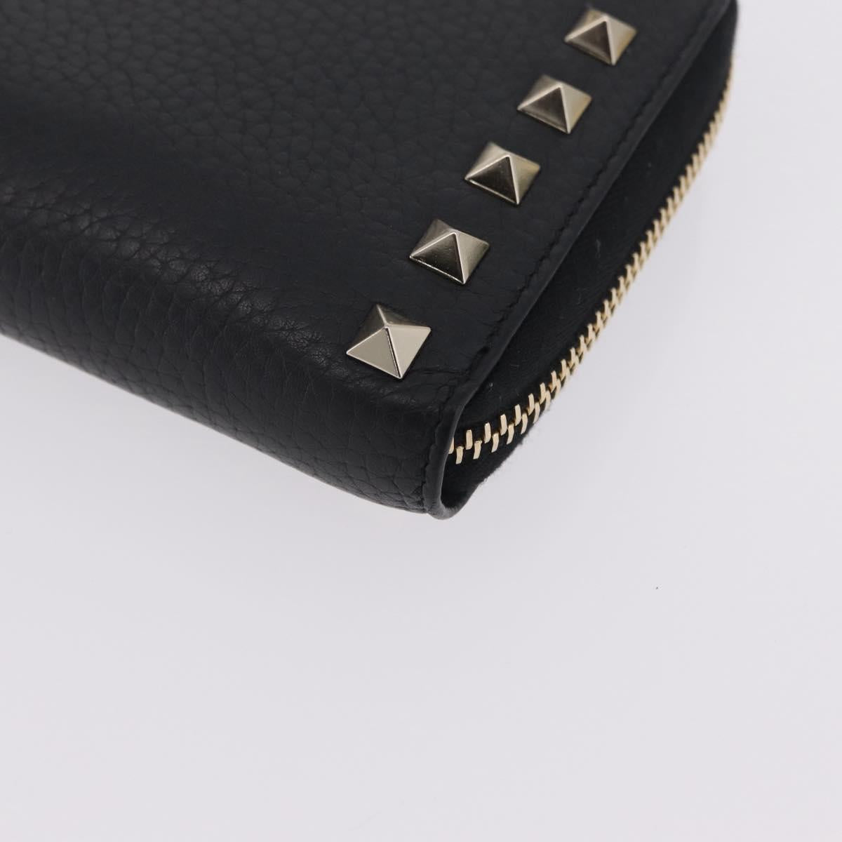 Valentino Rock Studs Long Wallet Leather Black Gold Auth 208442A