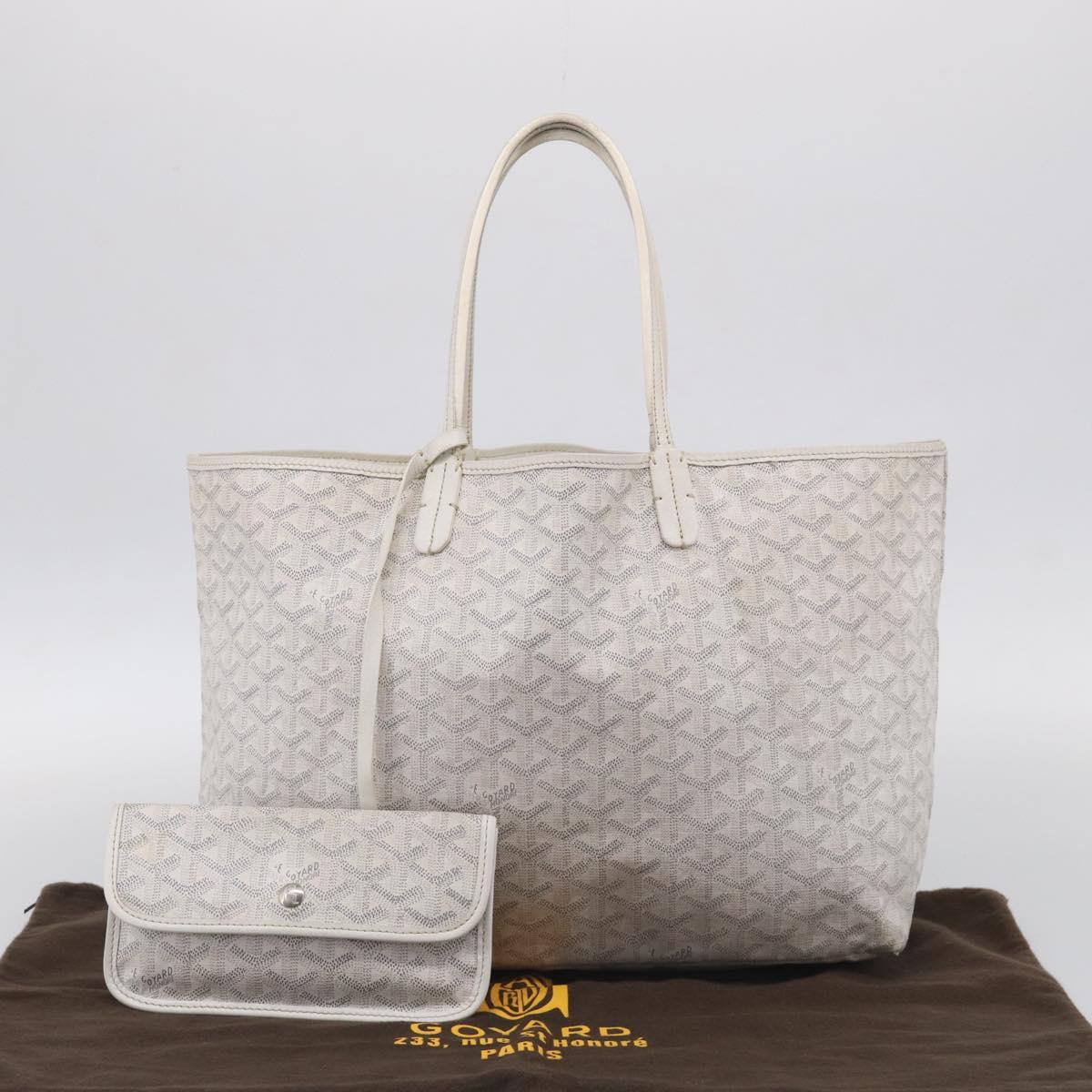 Goyard Herringbone Saint Louis PM Tote Bag PVC White Silver Auth 208478