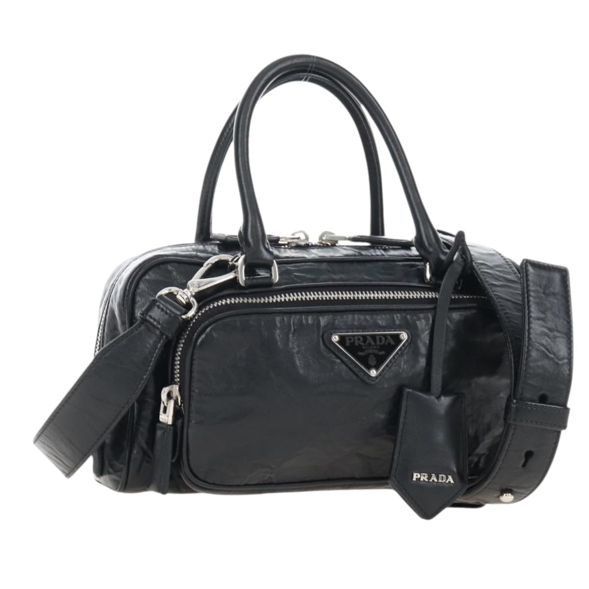 PRADA Hand Bag Leather 2way Black Silver Auth 208497SAM