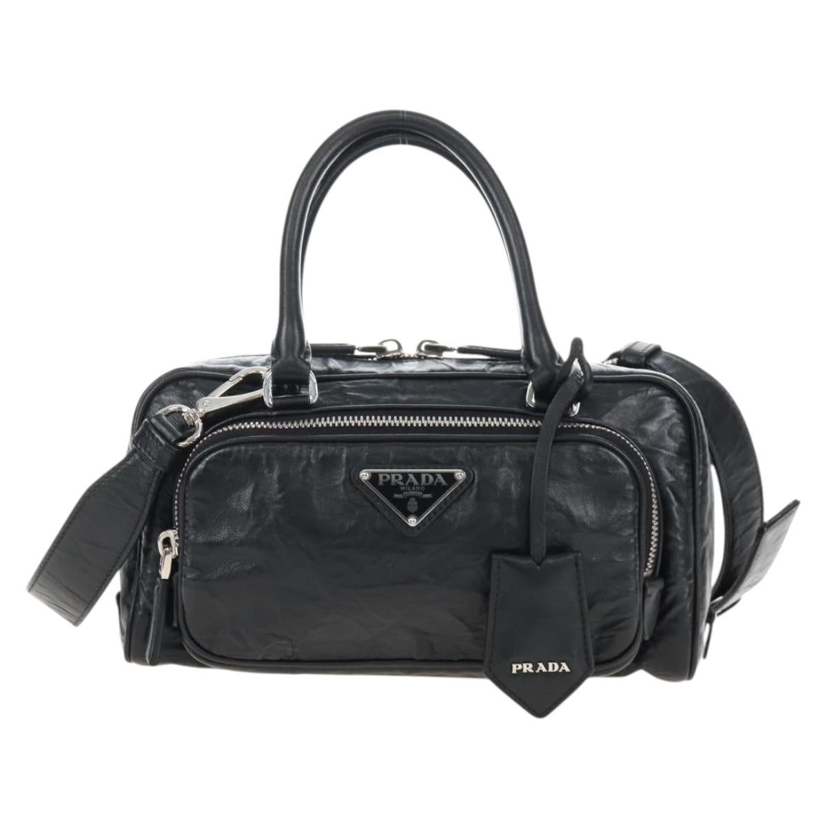 PRADA Hand Bag Leather 2way Black Silver Auth 208497SAM